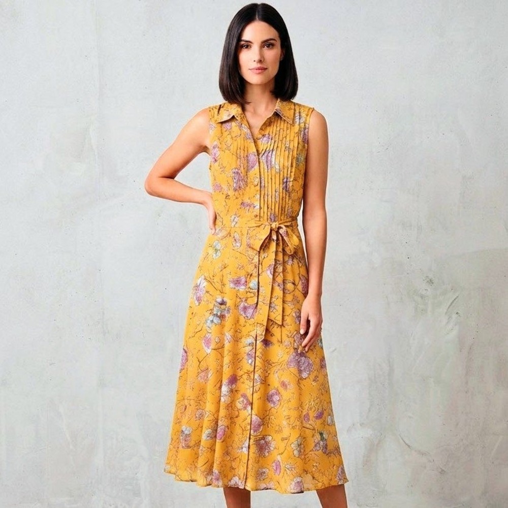 Nanette Lepore Pleated Floral Midi Dress Womens 6 Yellow Belt Vacation Resort